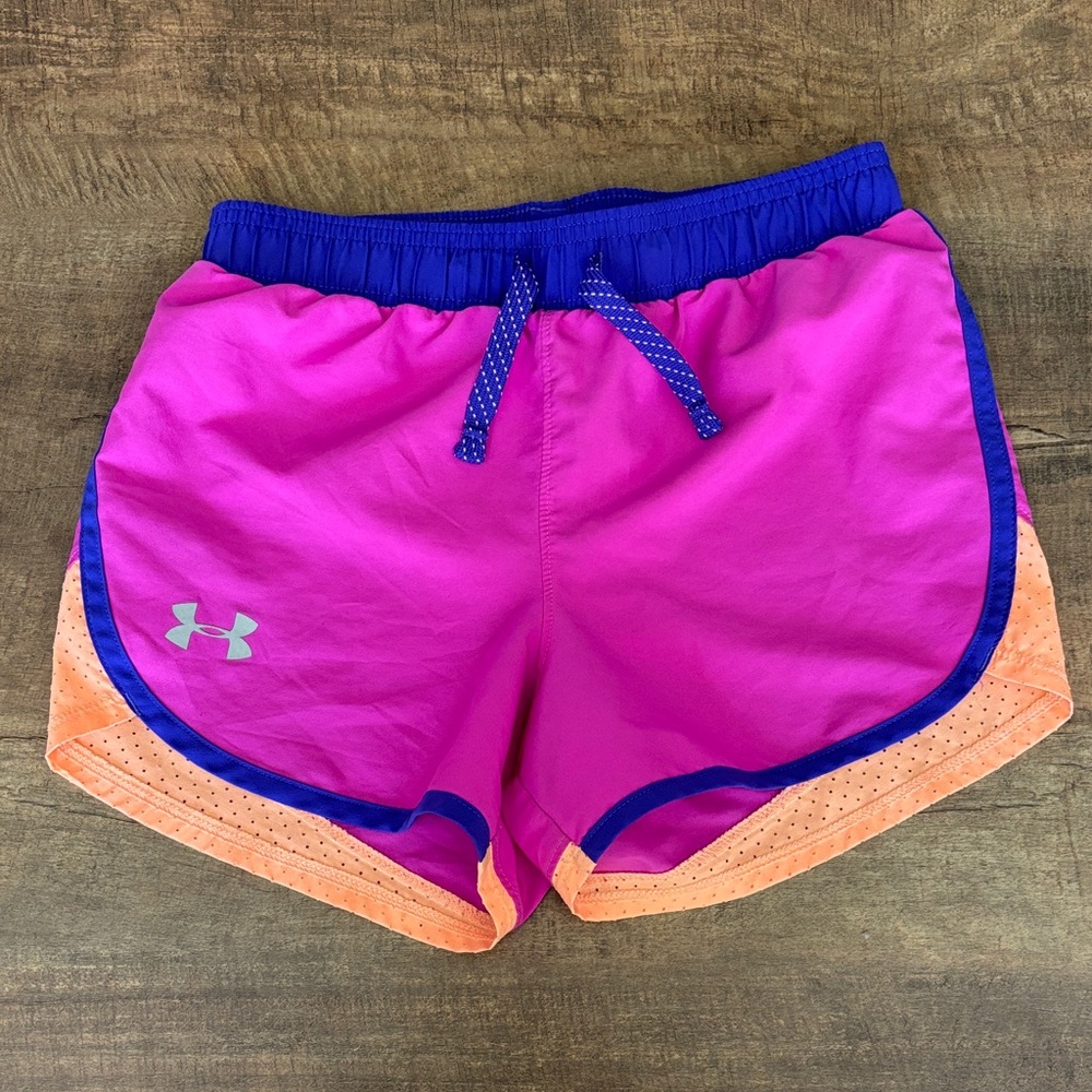 Under Armour Girls Hot Pink Athletic Shorts with Peach Trim (youth small)